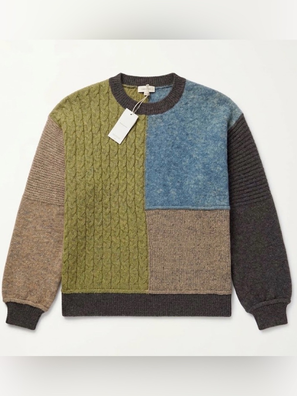 NWT Mystree Woman’s Patchwork Crewneck Sweater in Olive, Blue, Brown - Size Smal